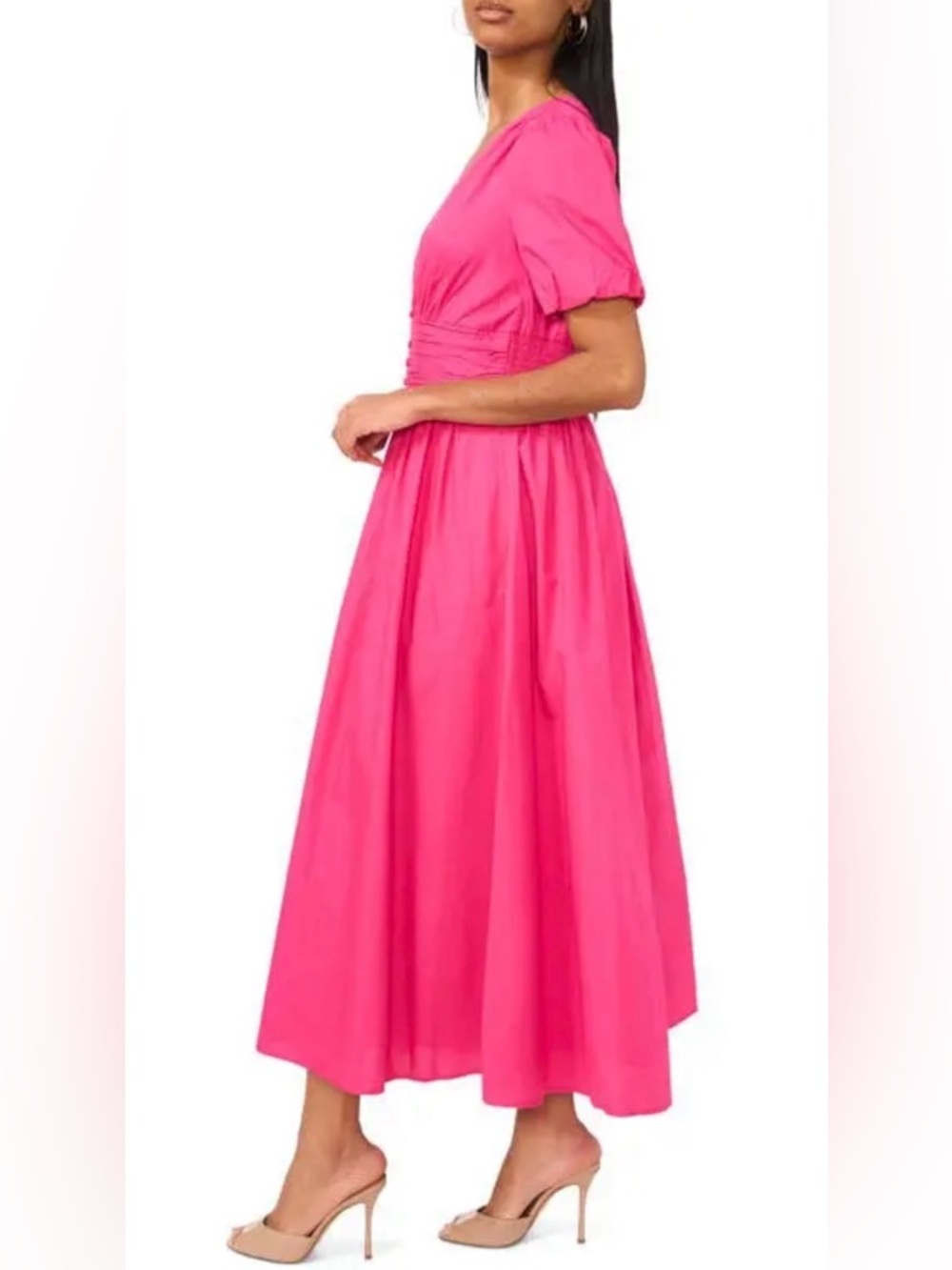 CECE DUPRAZ Ruched Waist V-Neck Short Puff Sleeve Cotton Maxi Dress NWOT - Picture 3 of 9